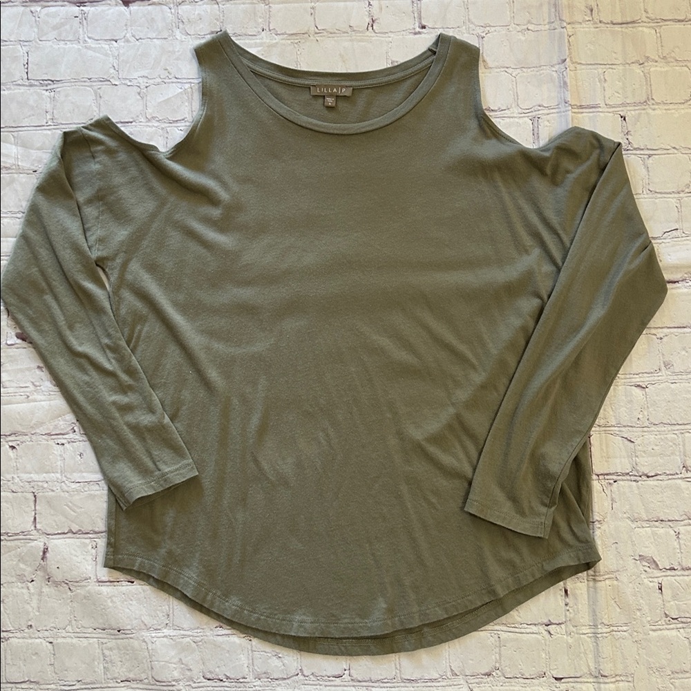 Lilla P Olive Green Cold Shoulder Long Sleeve Tee Top Small Relaxed Quiet Lux